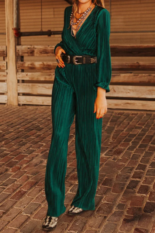 Retro Deep V-Neck Long-Sleeved Jumpsuit