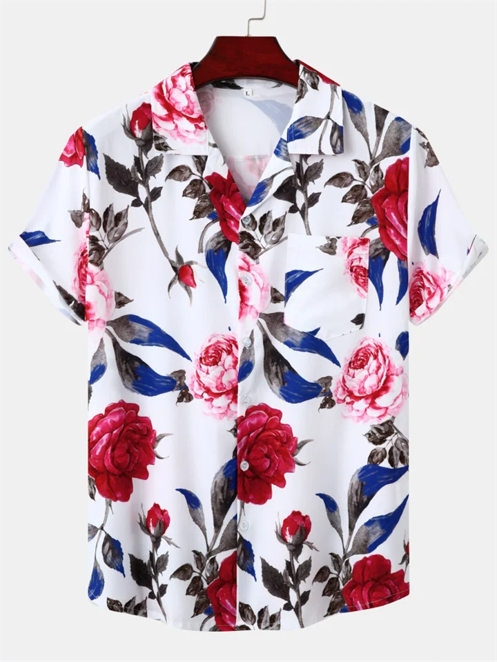 Men's Casual Loose Youthful Vigor Hawaii Beach Floral Flowers Printed Men's Short-sleeved Beach Shirt Lapel Shirt Cardigan