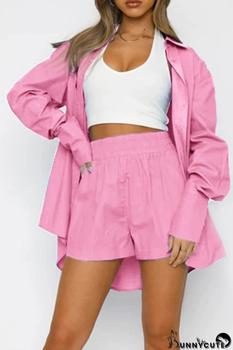 Pink Casual Solid Patchwork Buckle Turndown Collar Long Sleeve Two Pieces