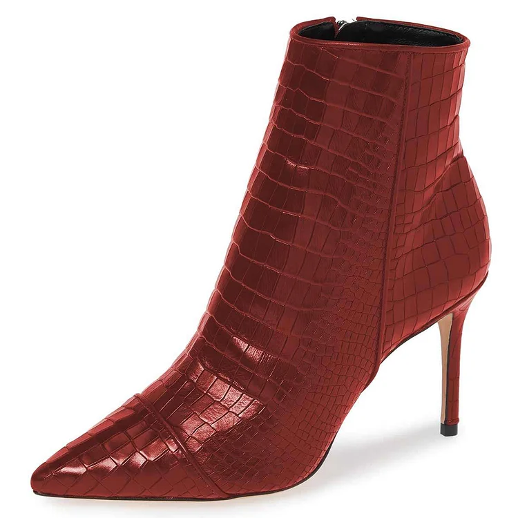 Burgundy Crocodile Embossed Pointed Toe Stiletto Heel Ankle Boots |FSJ Shoes
