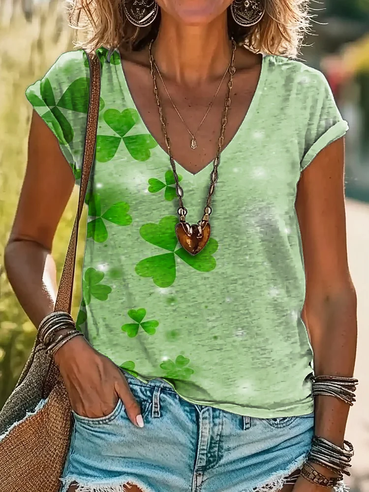 Women's Saint Patrick's Day Print 100%Cotton V-neck T-Shirt