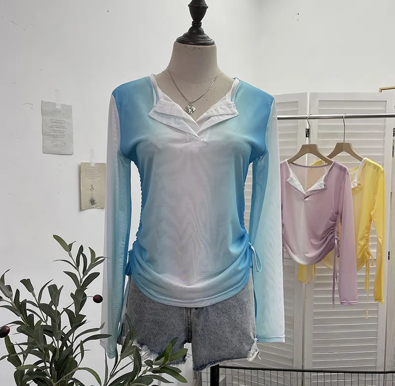 Churchf Fake Two Sunscreen Long-Sleeved T-Shirt Women Autumn Design Dizzling Drawstring Folding Short Top 9938