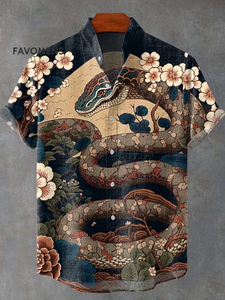 Vintage Japan Ukiyo-E Snake Flowers Art Print Casual 100% Cotton Shirt Multicolor / S