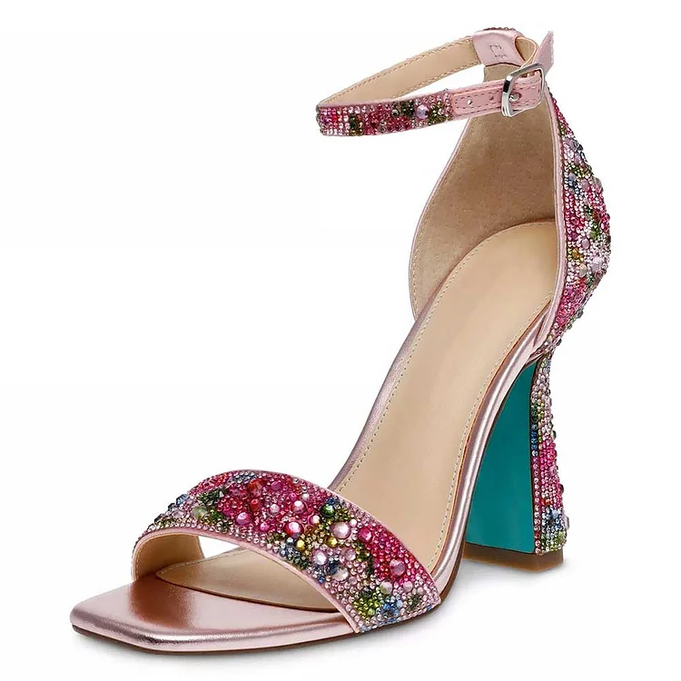 Multi Color Rhinestone Open Square Toe Ankle Strap Heeled Sandals |FSJ Shoes