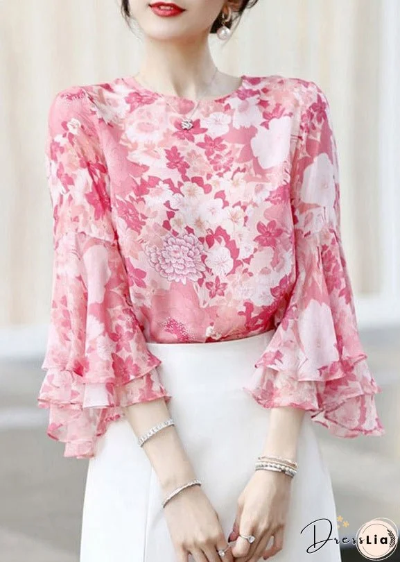 Modern Pink Print Chiffon Shirts Tops Flare Sleeve