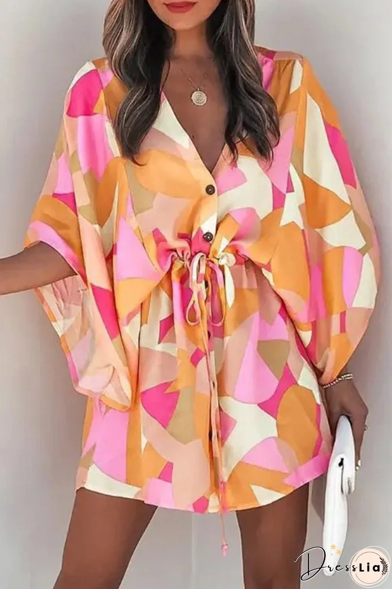 Fashion Casual Print Patchwork V Neck Dresses(12 Colors)