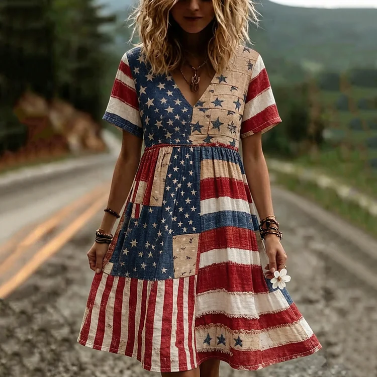 Women's Vintage Flags Print Short-sleeve Casual Linen Dress