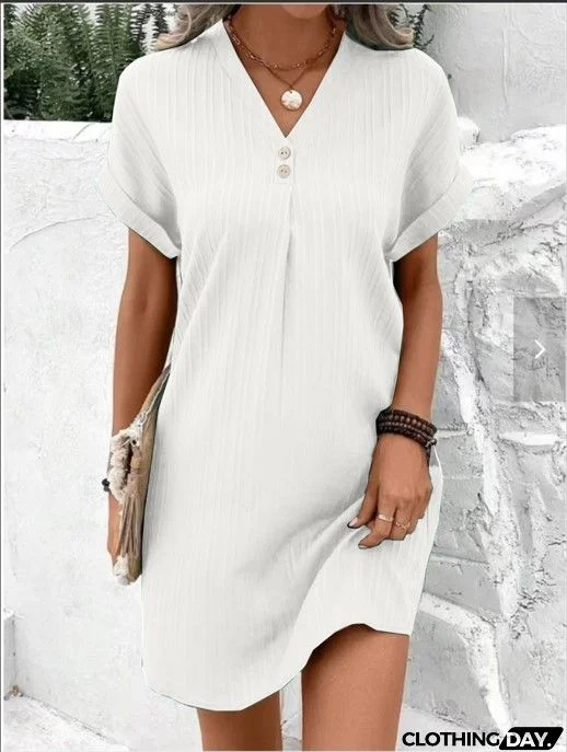 Women Casual Office Elegant Solid Color V Neck Pullover Comfortable Short Sleeve Button Dress