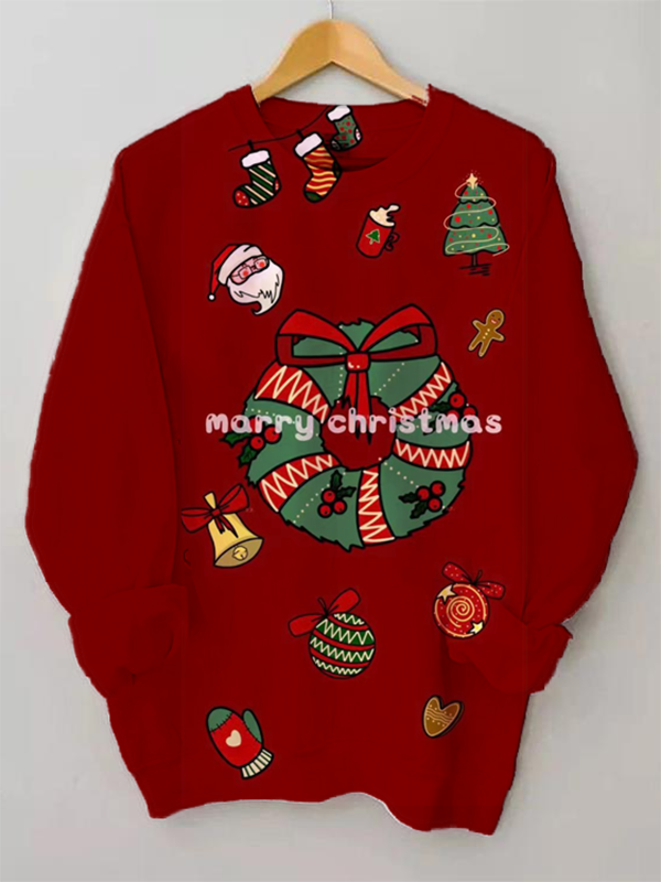 Women's Merry Christmas Wreath Bell Decor Pattern Print Sweatshirt
