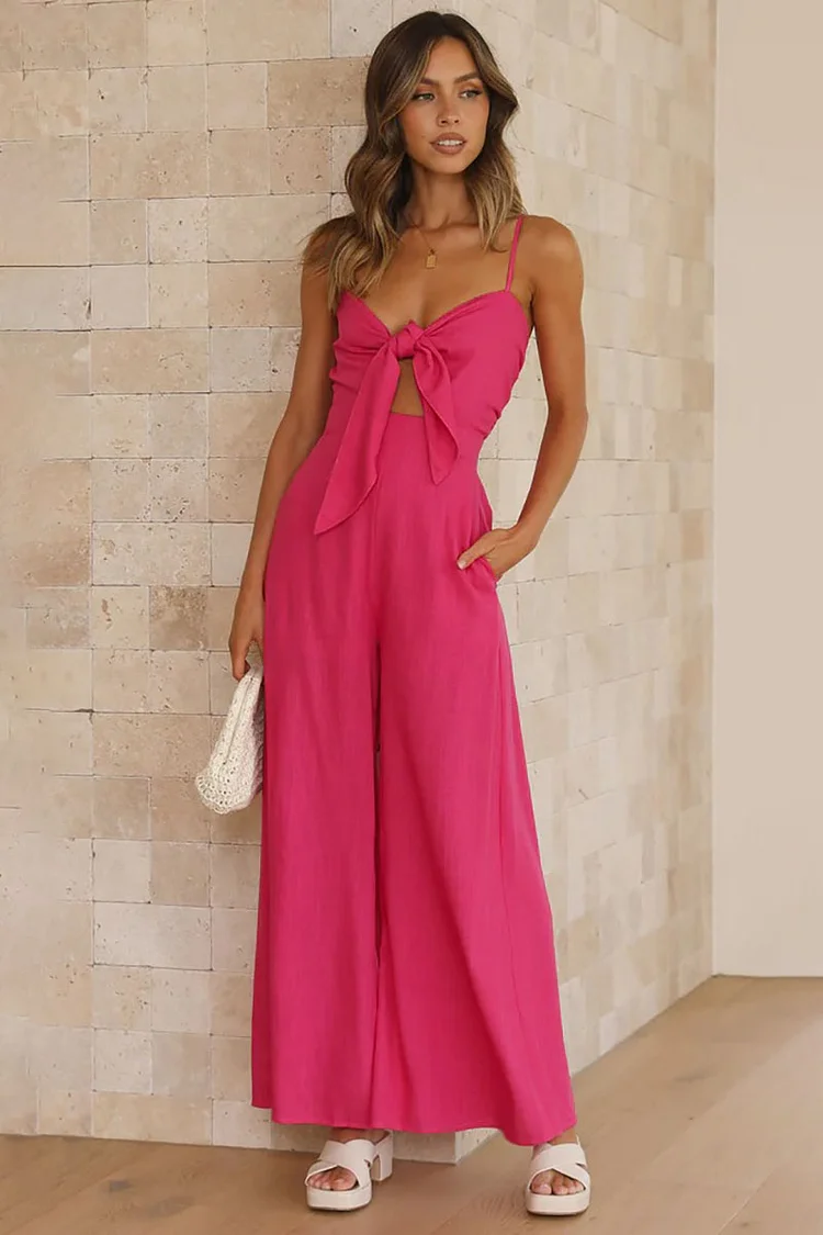 Knotted Cutout V Neck Slip Casual Jumpsuit