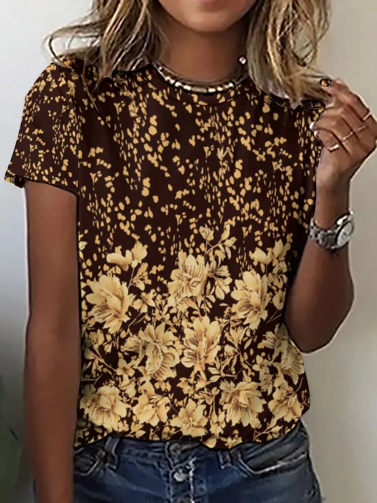 Printed Short Sleeve Casual T-shirt for  Women and Men Unisex Pattern Black,Khaki,Floral