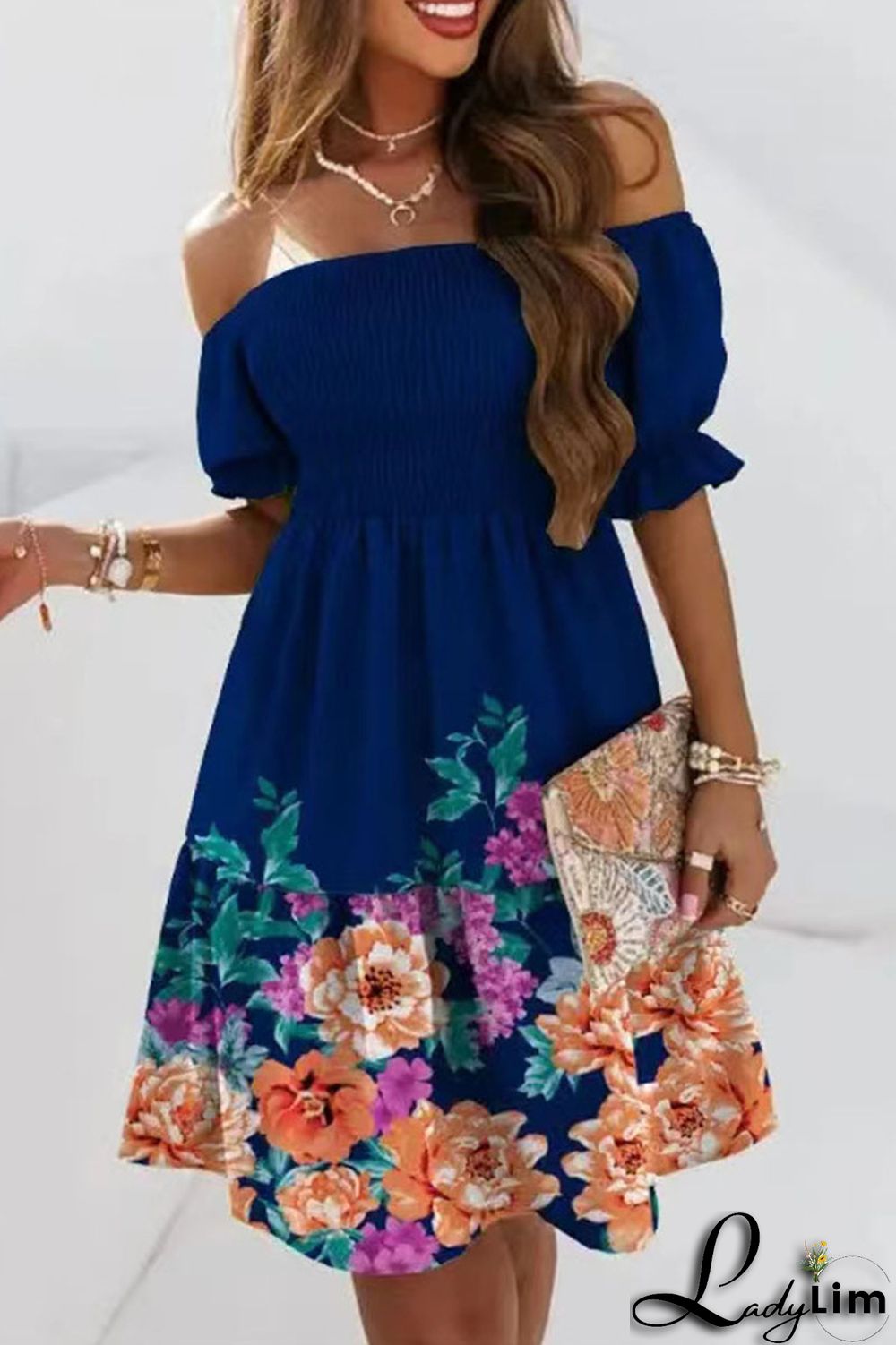 Blue White Fashion Sweet Print Patchwork Fold Off the Shoulder A Line Dresses