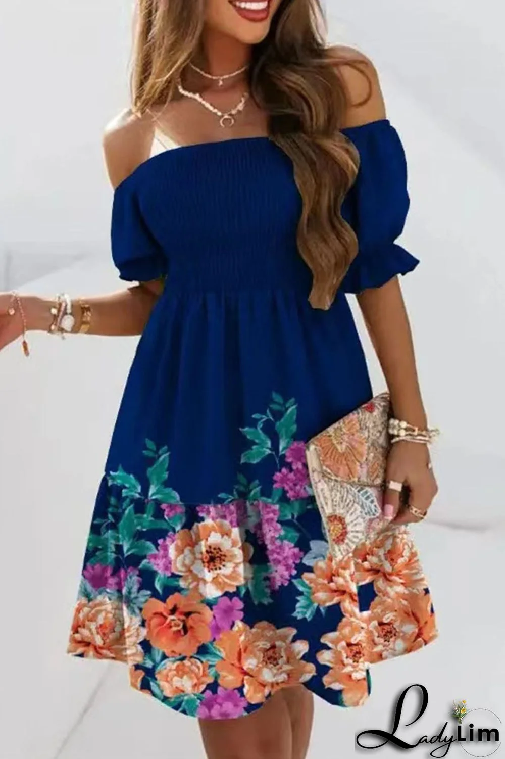 Blue White Fashion Sweet Print Patchwork Fold Off the Shoulder A Line Dresses