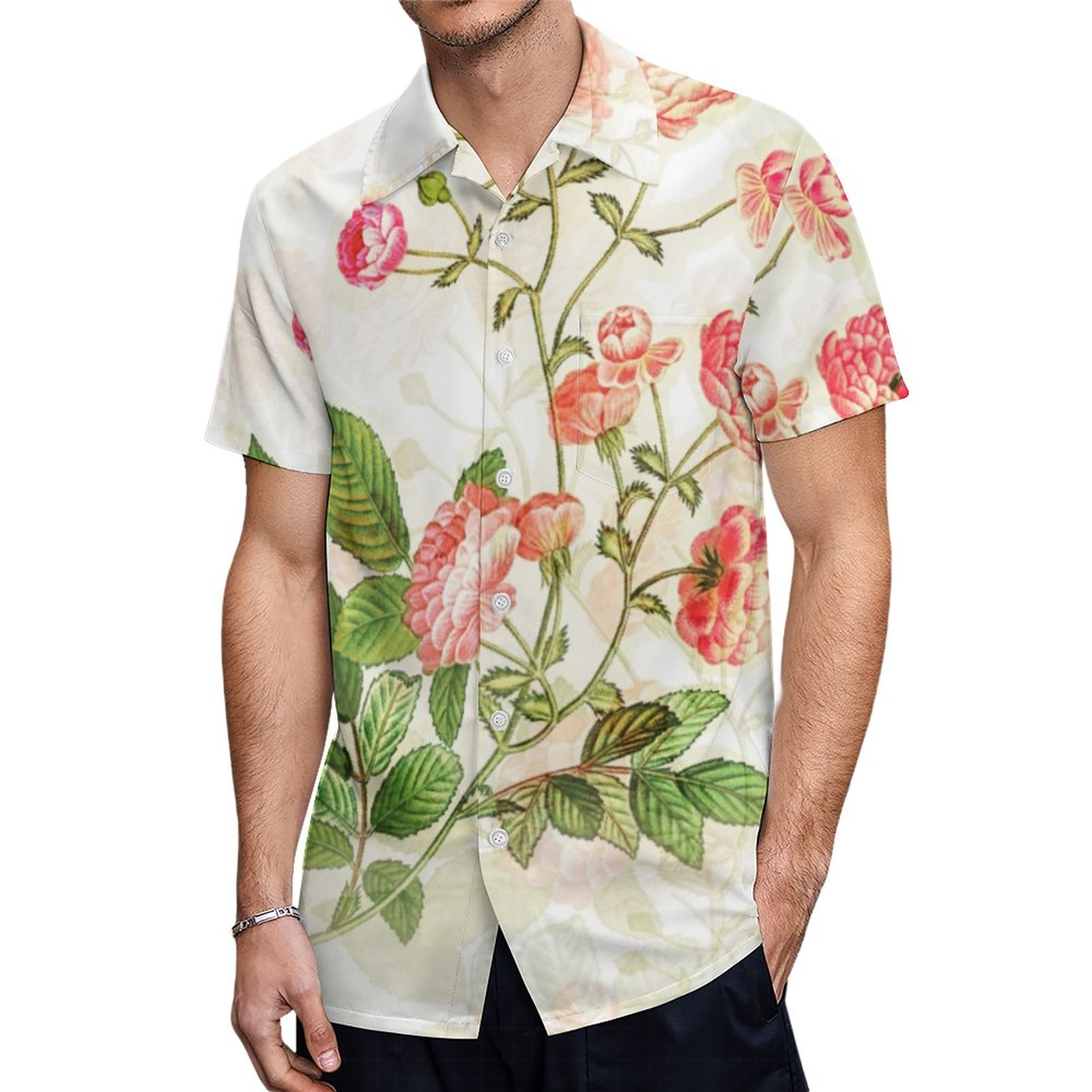 Simple Vintage Victorian Pink Floral Design Hawaiian Shirt Mens Button Down Tropical Hawaii Beach Shirts
