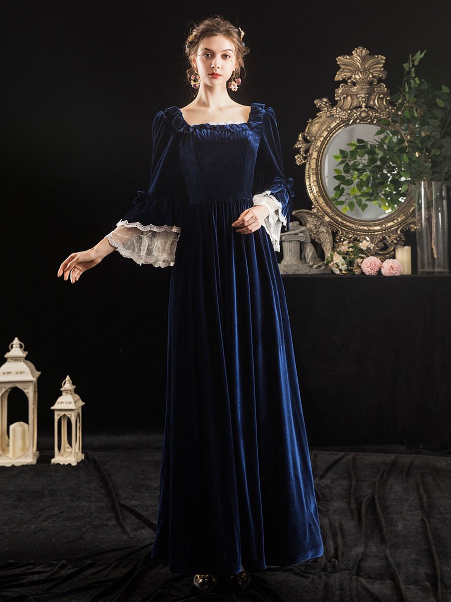 Victorian Dresses Costumes Women Velour Short Sleeves Square Neckline Lace Flared Sleeves Prom Dresses Novameme