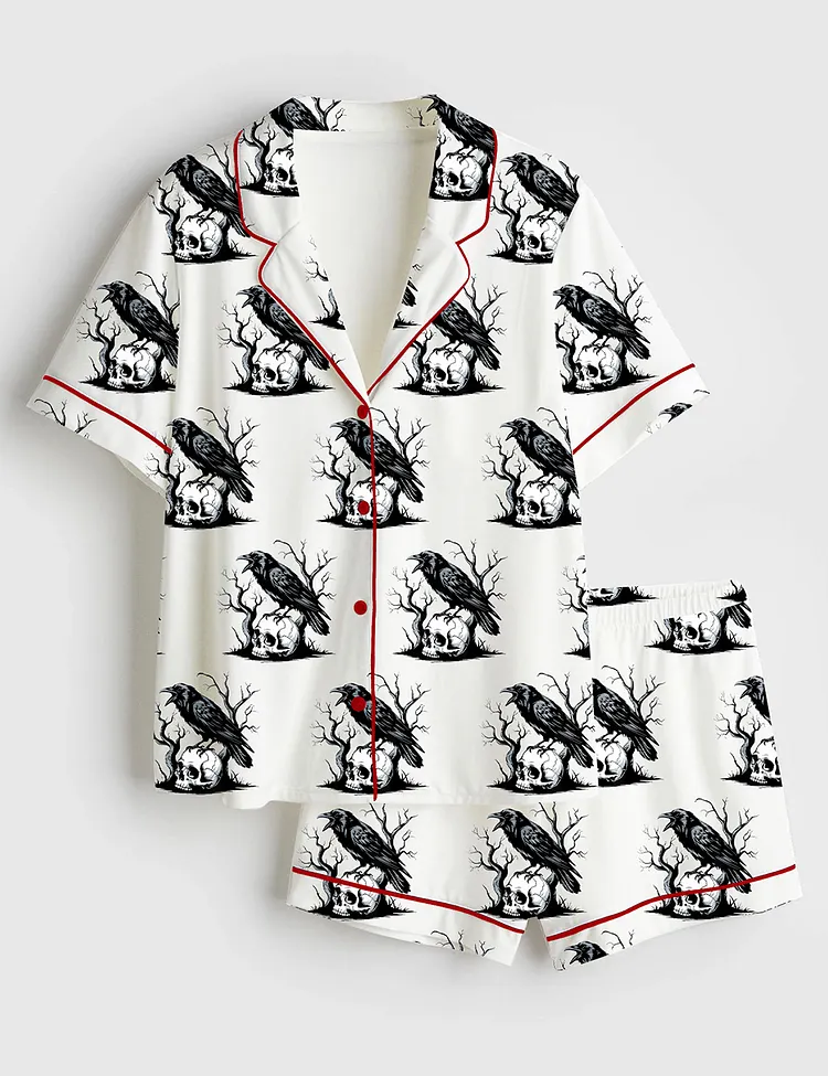Women&rsquo;s F-Caw-F Funny Raven Retro Crow Gothic Crow Art Black Crow Short Sleeve Satin Pajama Set