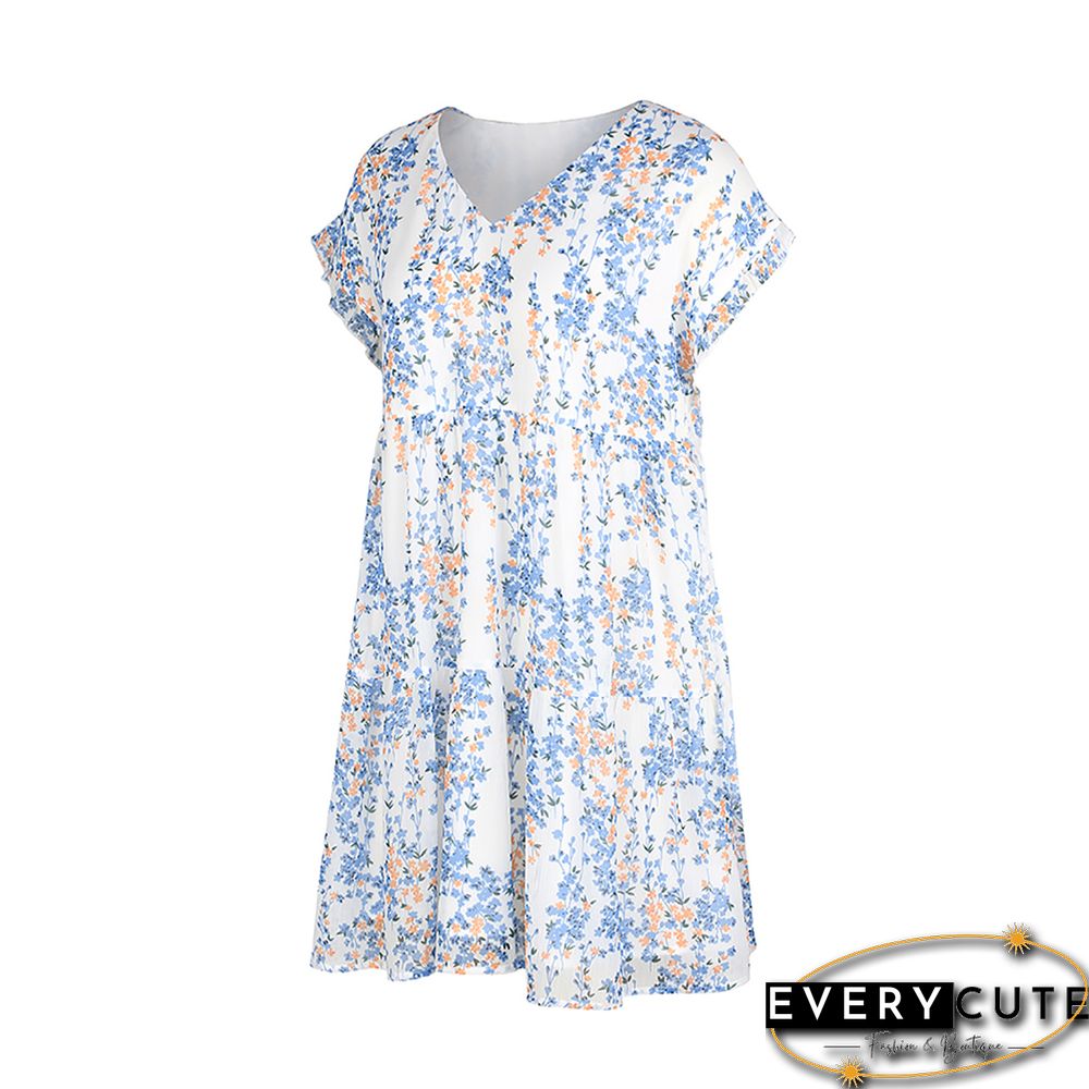 Light Blue Floral Print A-Line Chiffon Dress
