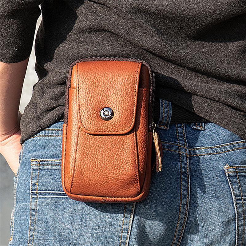 Grain Textured Style Genuine Leather Multiple Compartment Card Slot Magnetic Closure Belt Bag