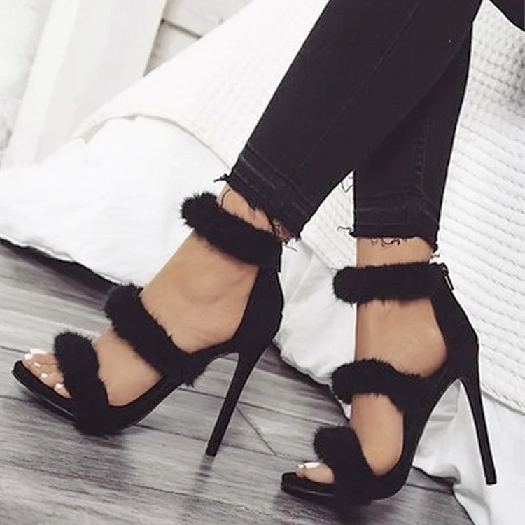 Black Furry Shoes Ankle Strap Platform Sandals Stiletto Heels |FSJ Shoes