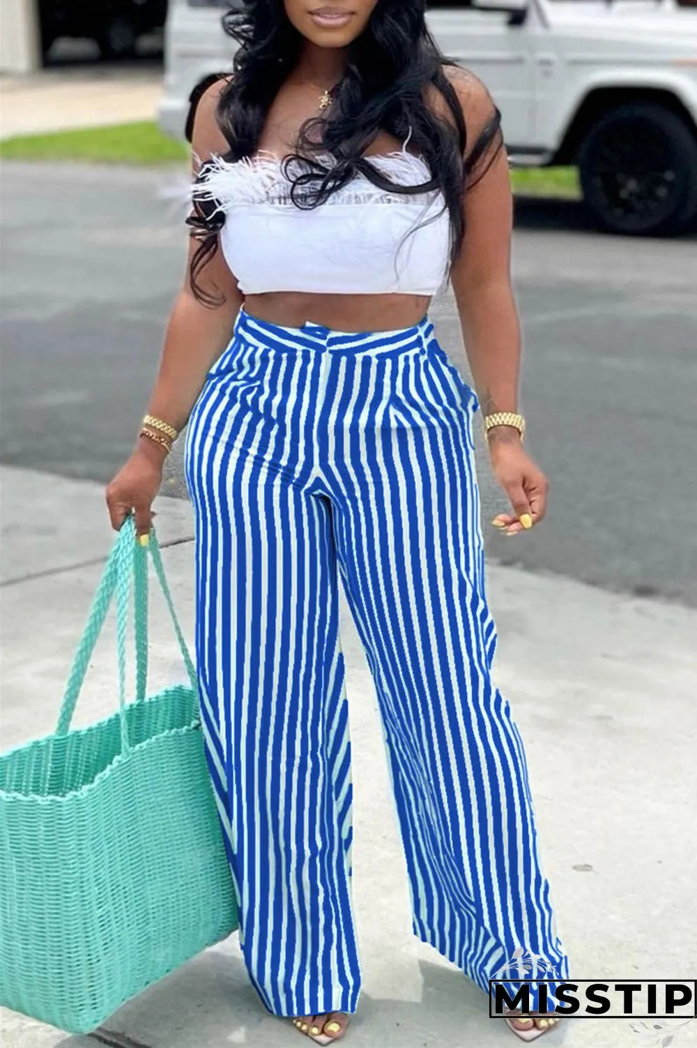 Blue Fashion Casual Striped Print Patchwork Regular High Waist Trousers