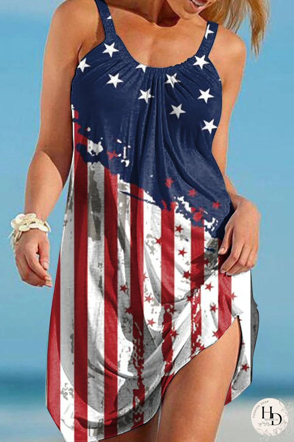 White Red Fashion Casual Print Basic O Neck Vest Dress