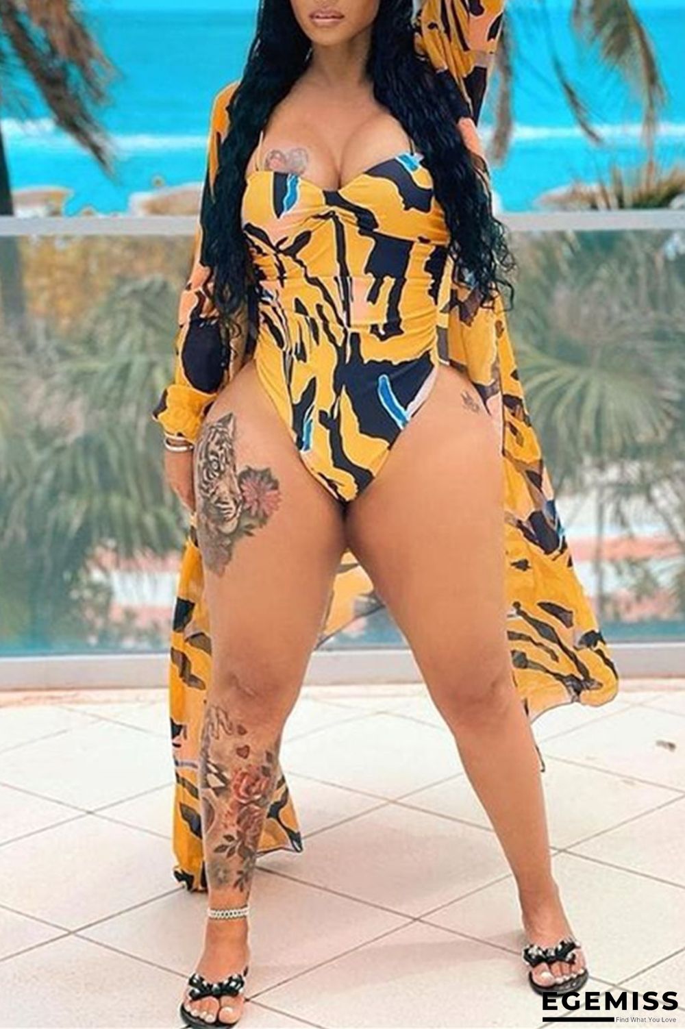 Yellow Fashion Sexy Print Cardigan Swimwears Set | EGEMISS