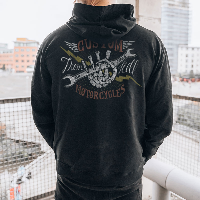 Bone Hand Carries Motor Handle Letter and Wings Black Print Hoodie