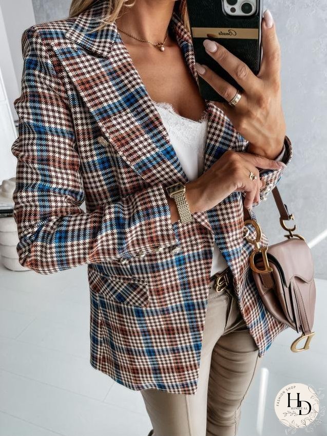 Blazers Lapel Check Pocket Button Blazer for Women