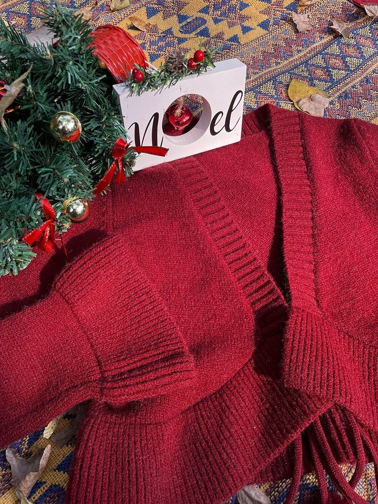 Fairy Tales Aesthetic Cute Knitted Cardigan With Furry Balls + Embroidered Slip Dress QueenFunky