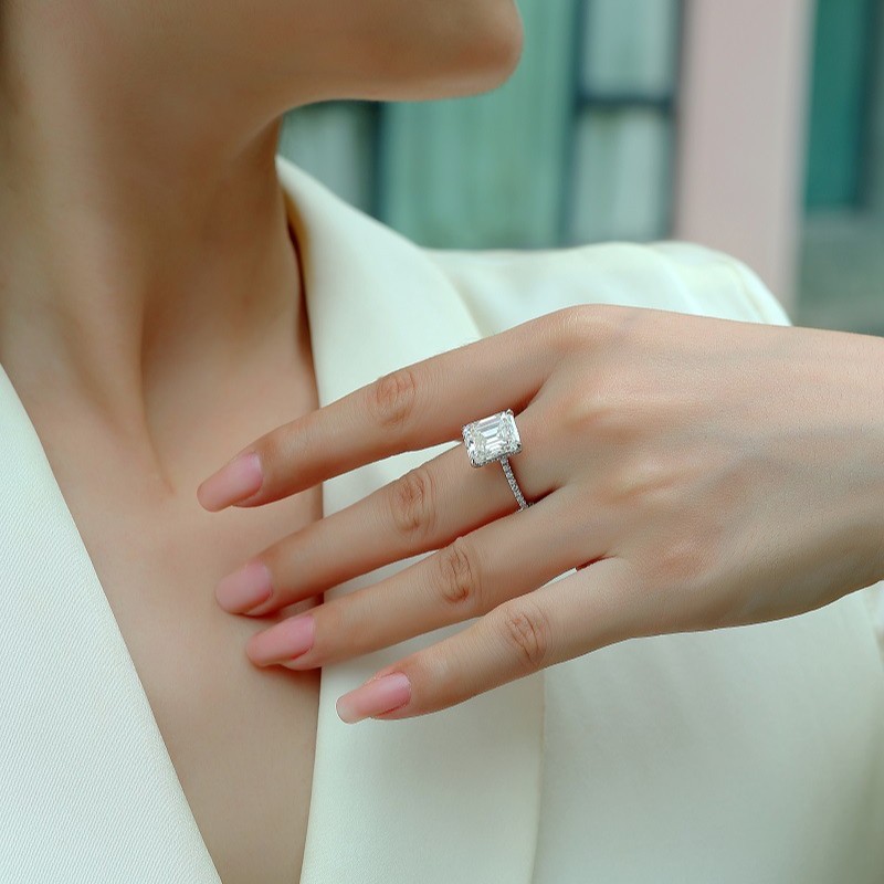  925 Silver Emerald Cut Moissanite Ring for Women with GRA Luxury Engagement Party Wedding Ring Girls Gift 