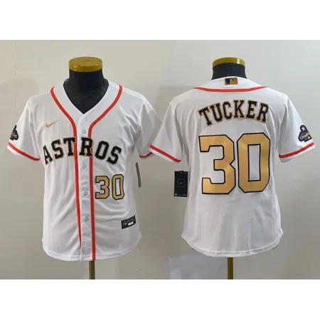 Youth Houston Astros #30 Kyle Tucker White 2023 Gold Collection With World Serise Champions Patch Stitched Baseball Jersey Y42B