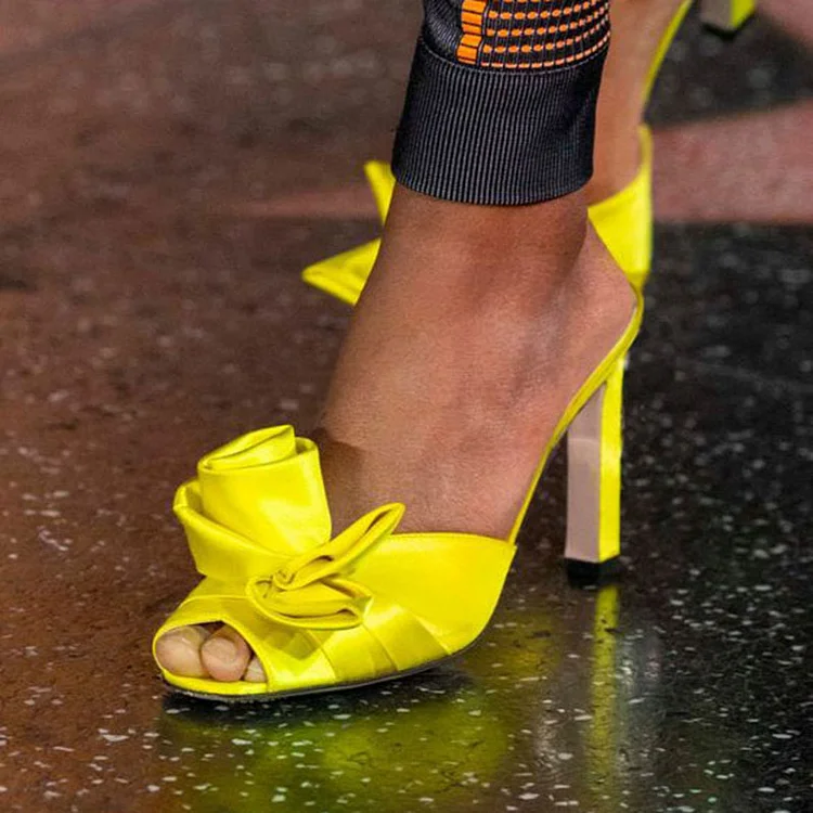 Yellow Stiletto Heel Bow Shoes Women's Peep Toe Suede Heels Office Mules |FSJ Shoes