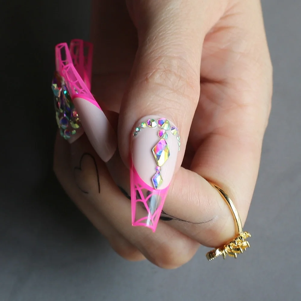 Pink French Spider web extra Gel Luxury crystal fasle nails Ballet Art Press on nails Nude clear artificial coffin fake nails-Nail Inspo