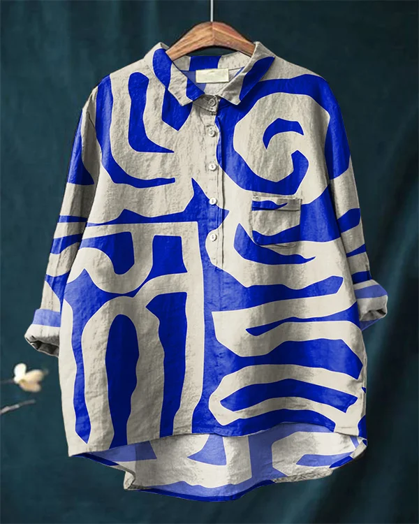 Vintage Indigo Abstract Art Cotton and Linen Shirt