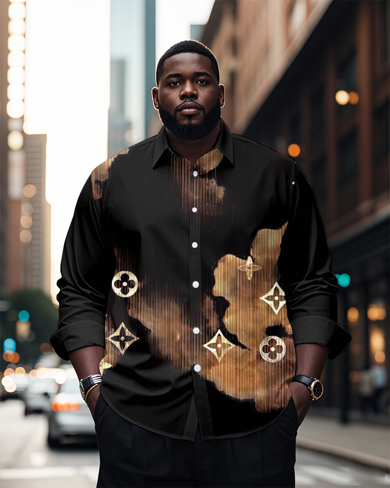 Men's Plus Size Business Brown Vignetting Diamond Geometric Print Long Sleeve Shirt