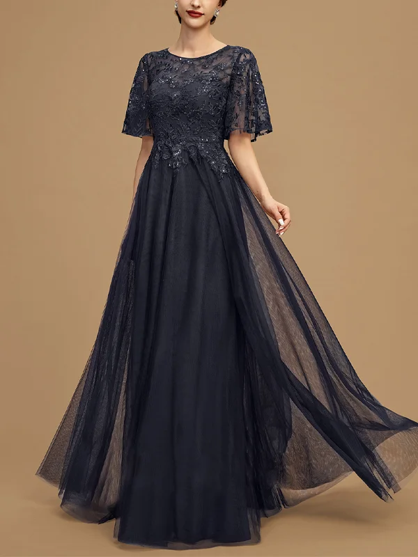 Round Neck Lace Short Sleeve Solid Color Mesh Maxi Dress