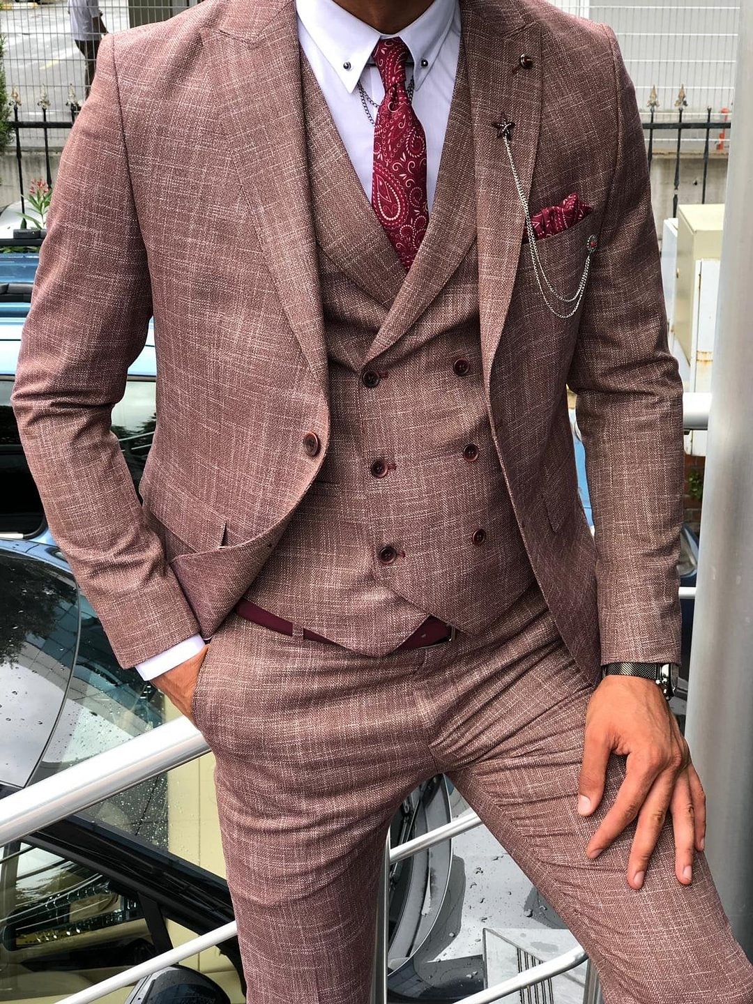 Greh Slim-Fit Pattered Suit Vest Claretred