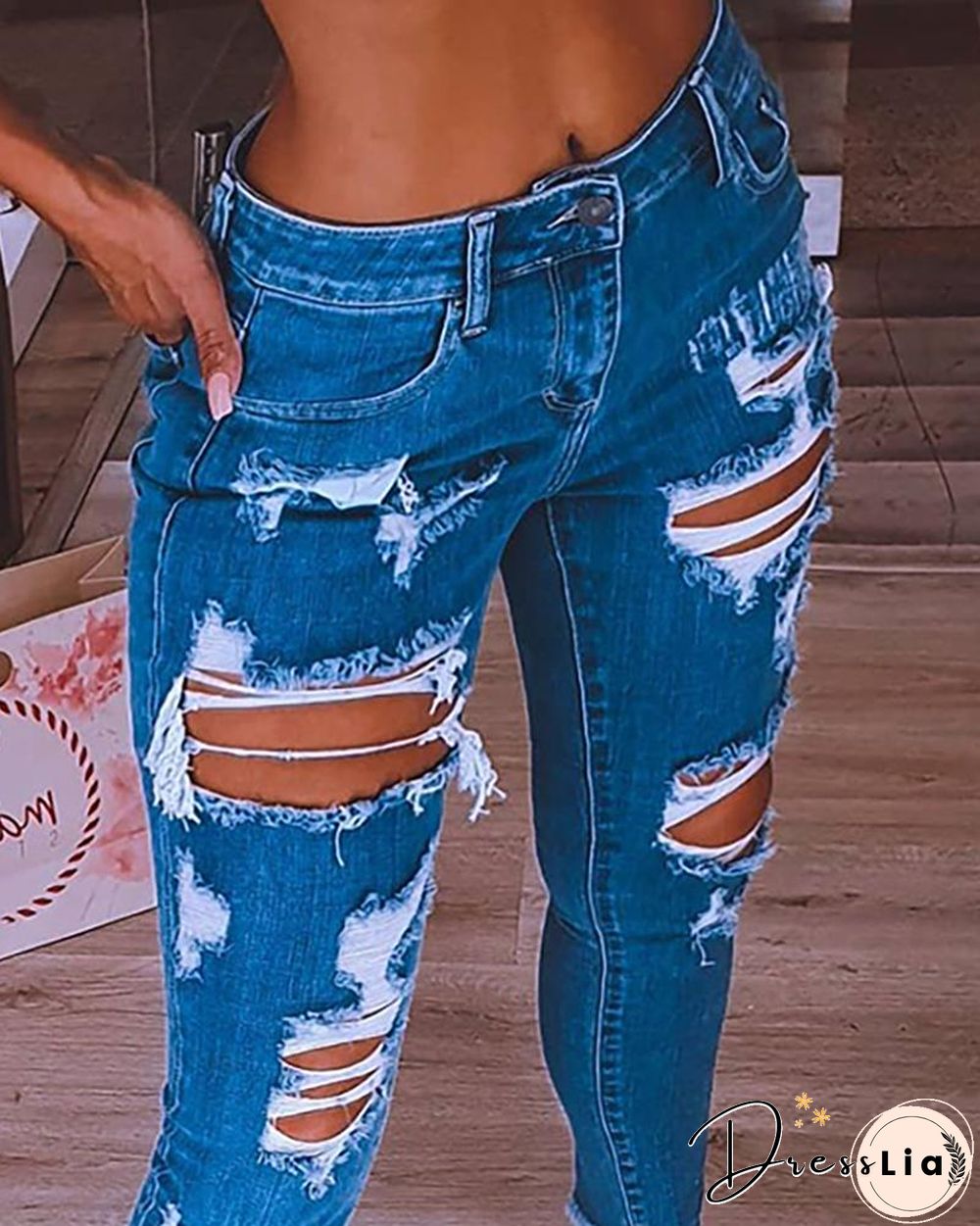 Cutout Fringe Hem Denim Pants