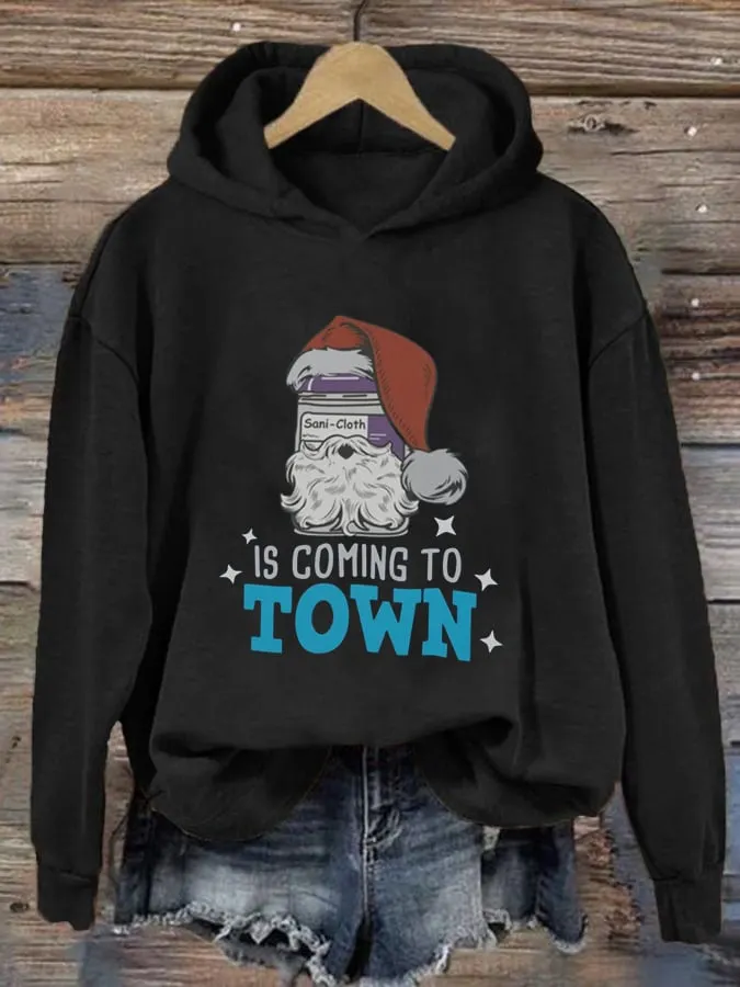Women's Santa's Coming to Town Print Casual Long Sleeve Hoodie