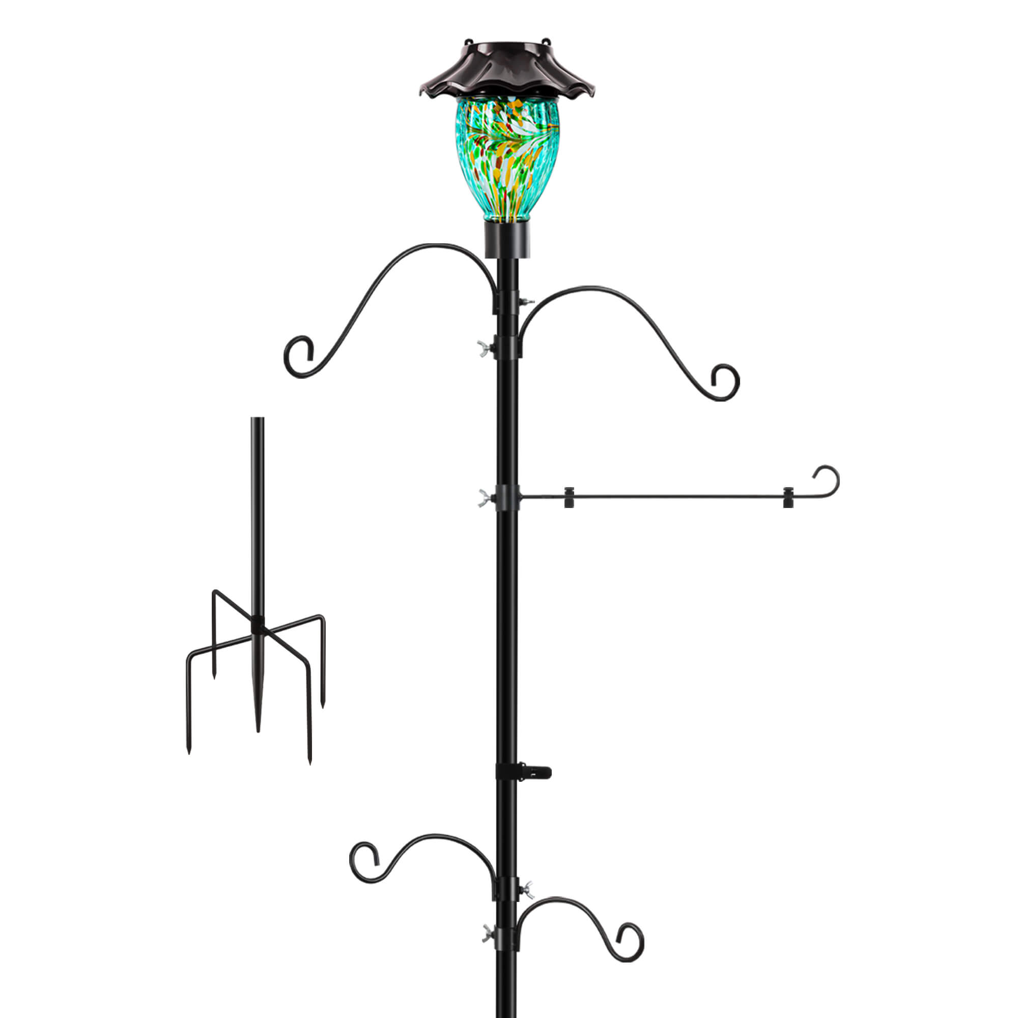 LUJII Solar Shepherds Hooks for Outdoors, Bird Feeder Pole with 4 Adjustable Hangers and 1 Flag Holder, Garden Stand for Hummingbird Feeders, Wind Chimes, Plant Baskets, Lanterns (Teal)
