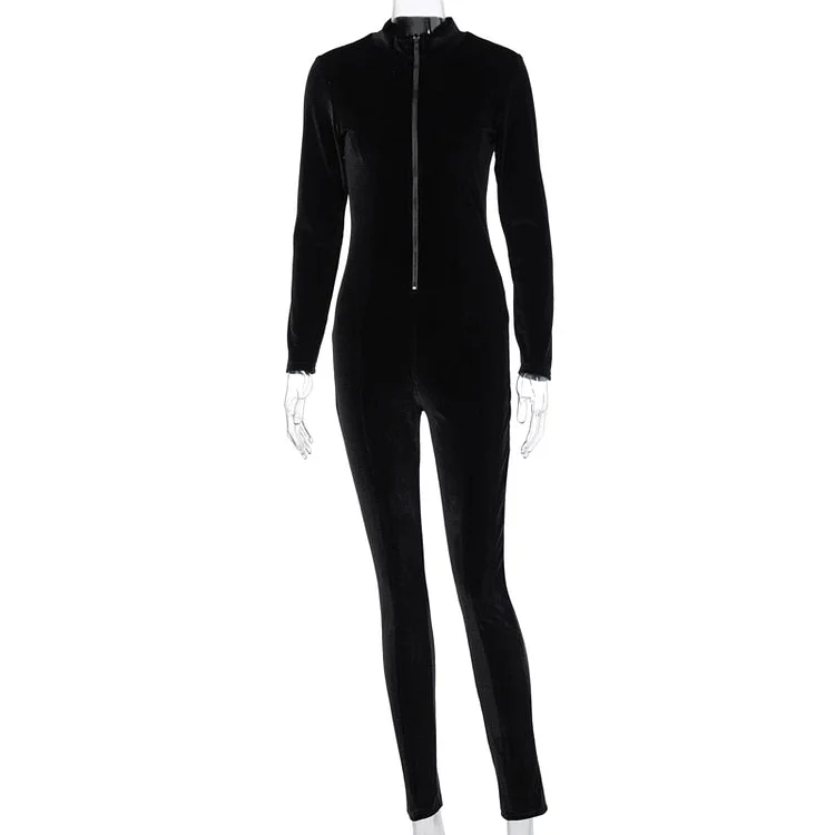 Hugcitar 2020 velvet long sleeve zipper bodycon sexy jumpsuit autumn winter women fashion streetwear outfits jumper