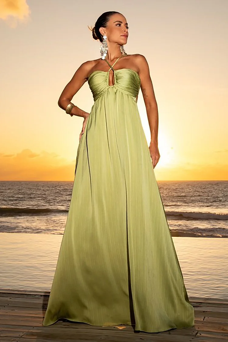 Cross Halter Neck Open Back A-Line Solid Color Maxi Dresses-Green