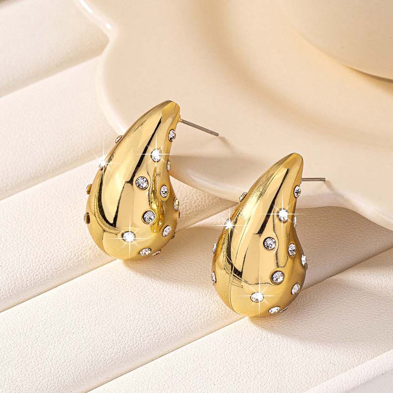 Gamezlines 2025 New Water Drop Stud Earrings Shiny Rhinestone Gold Color Polished Hoops Ear Buckle Retro Aesthetics Wed Jewelry