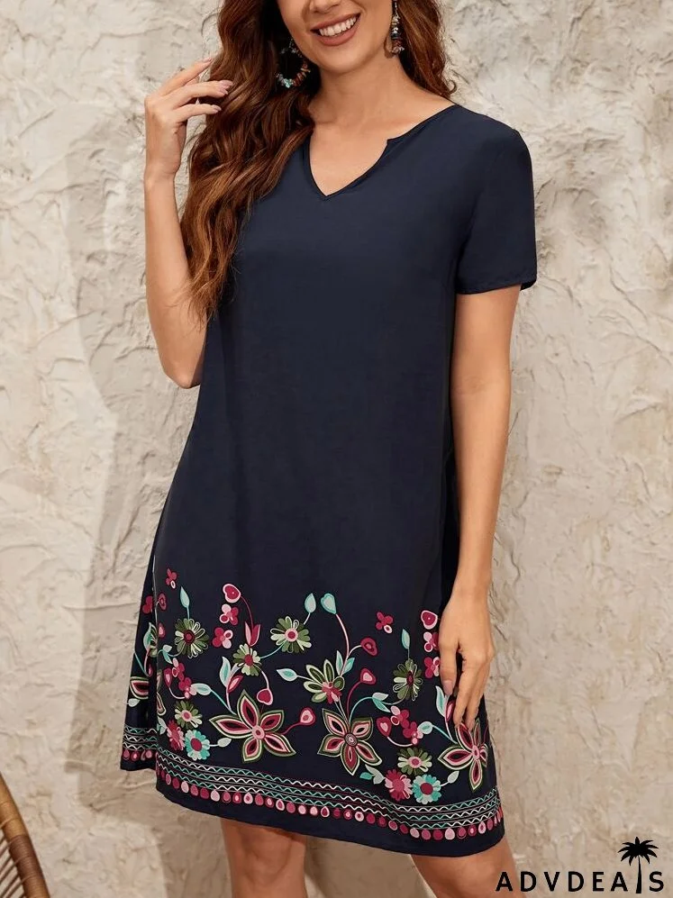 Floral Print Notched Neckline Dress