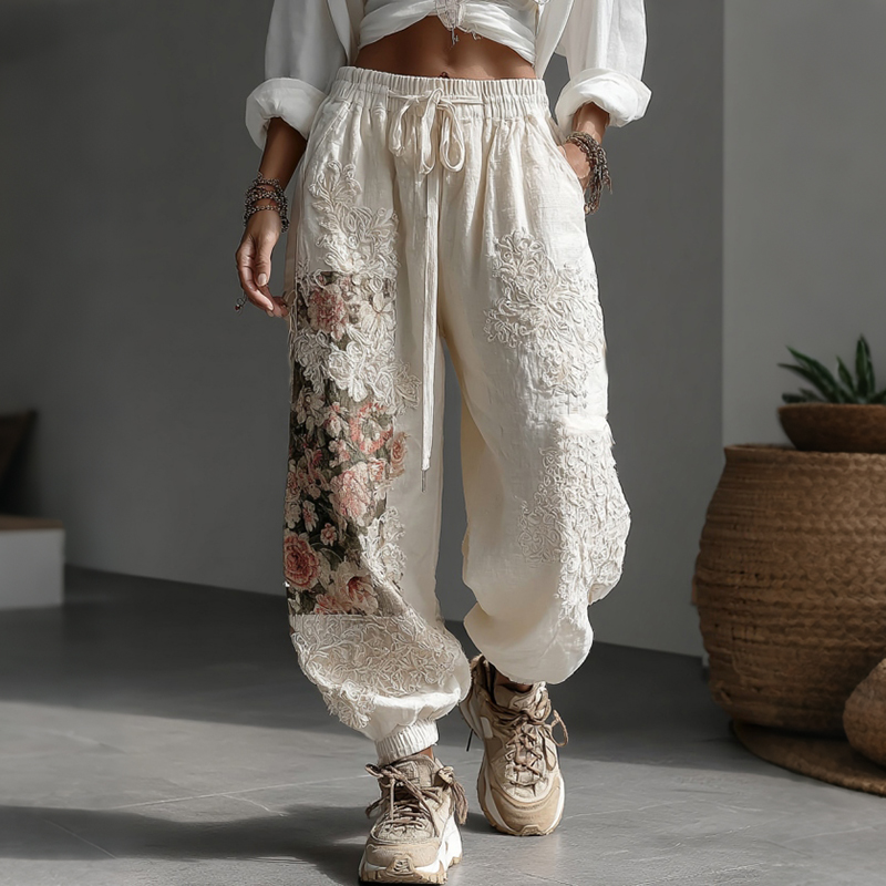 Vintage Floral Patchwork Art Embroidered Linen Pants elevenforest