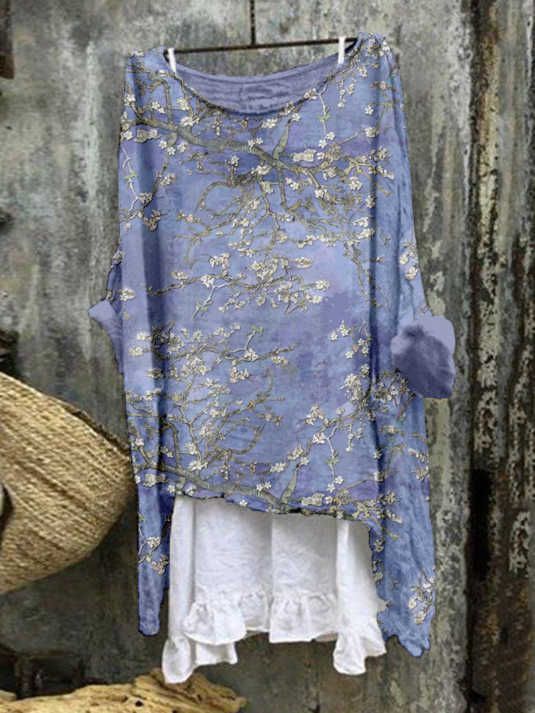 Comstylish Purple Almond Blossom Art Linen Blend Flowy Tunic