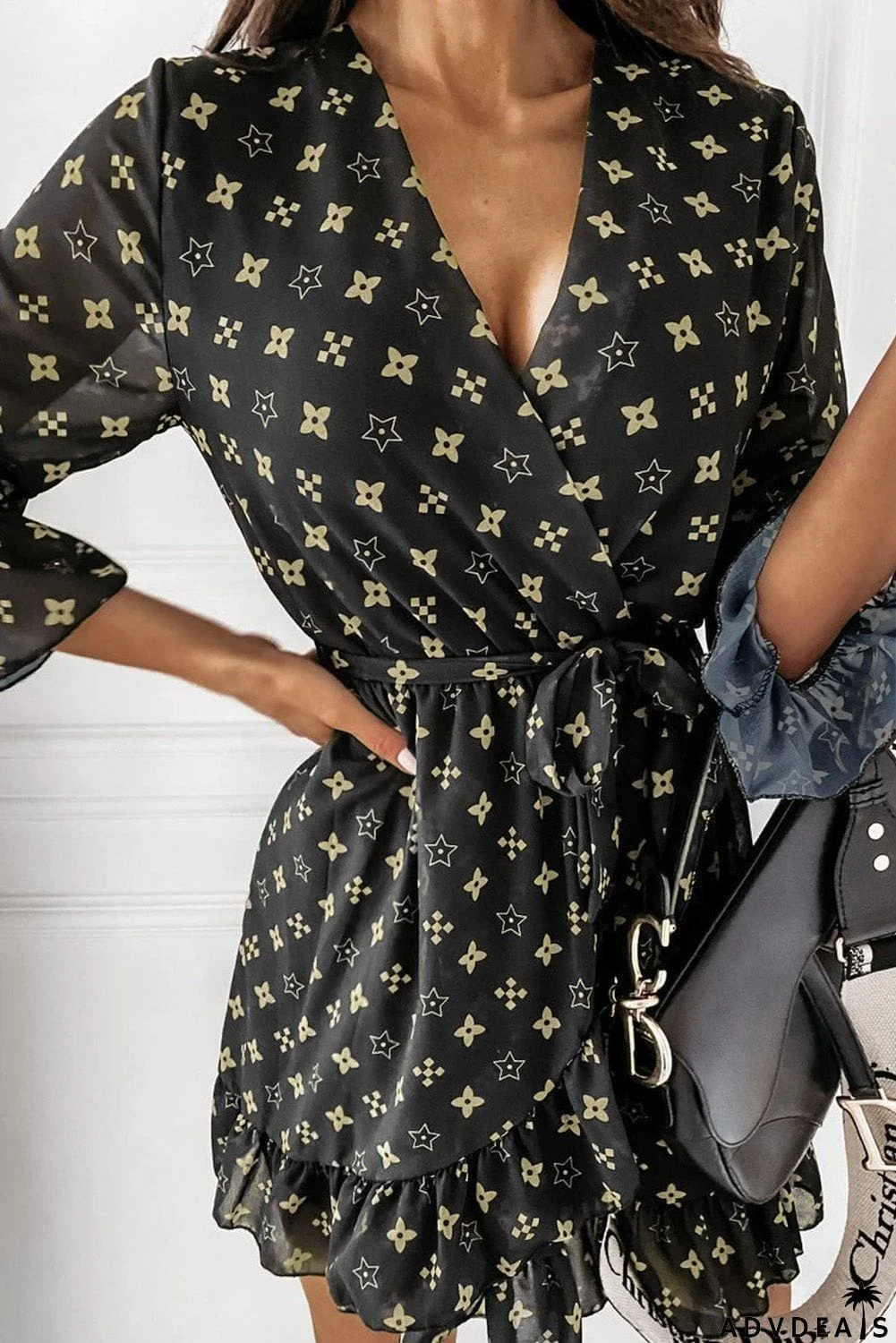 Pattern Printed Wrap V Neck Tie Waist Ruffled Hemline Mini Dress