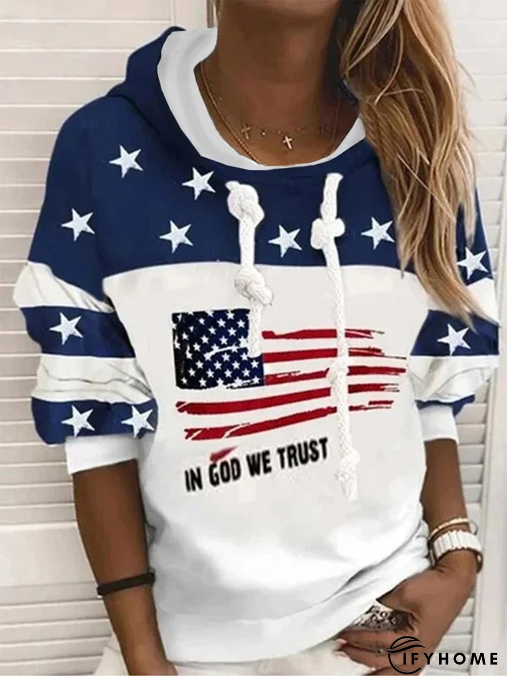 Color-block Stars Flag Letters Printed Hoodie Long Sleeve Casual Sweatshirt | IFYHOME