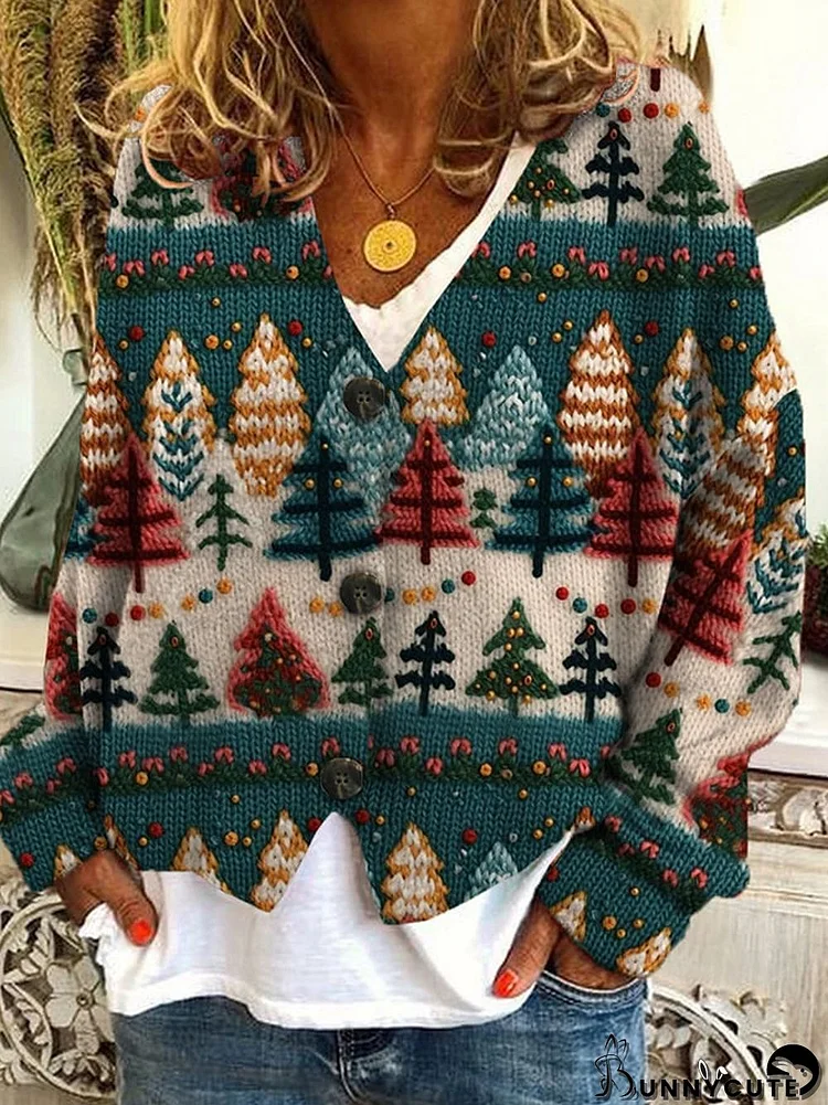 Christmas Print Casual Loose Buttoned Flannel Cardigan