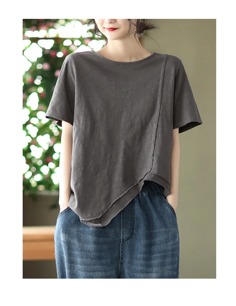 Round Neck Solid Color Irregular Short-Sleeved T-Shirt - yankia